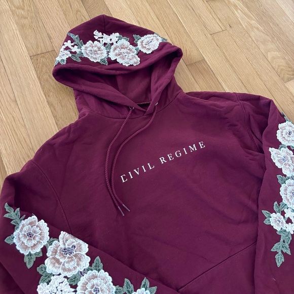 Civil Regime Hoodie Champion Floral Burgundy Maroon Roses Mens Medium Sweatshirt - Picture 4 of 9